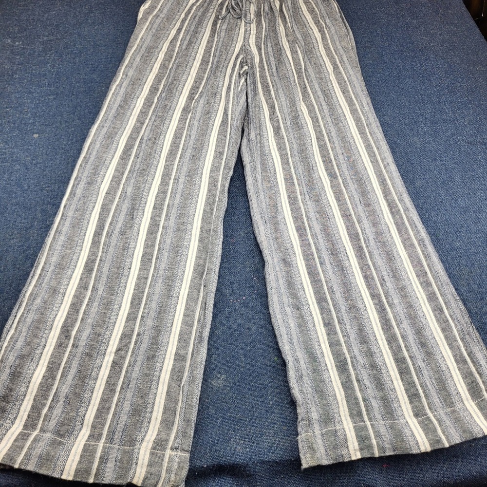 Briggs Blue White Striped Linen Blend Wide Leg Drawstring Pants Medium